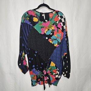 Vintage Carole Little Abstract Patchwork Tie Front Blouse 1980's No Size Tag